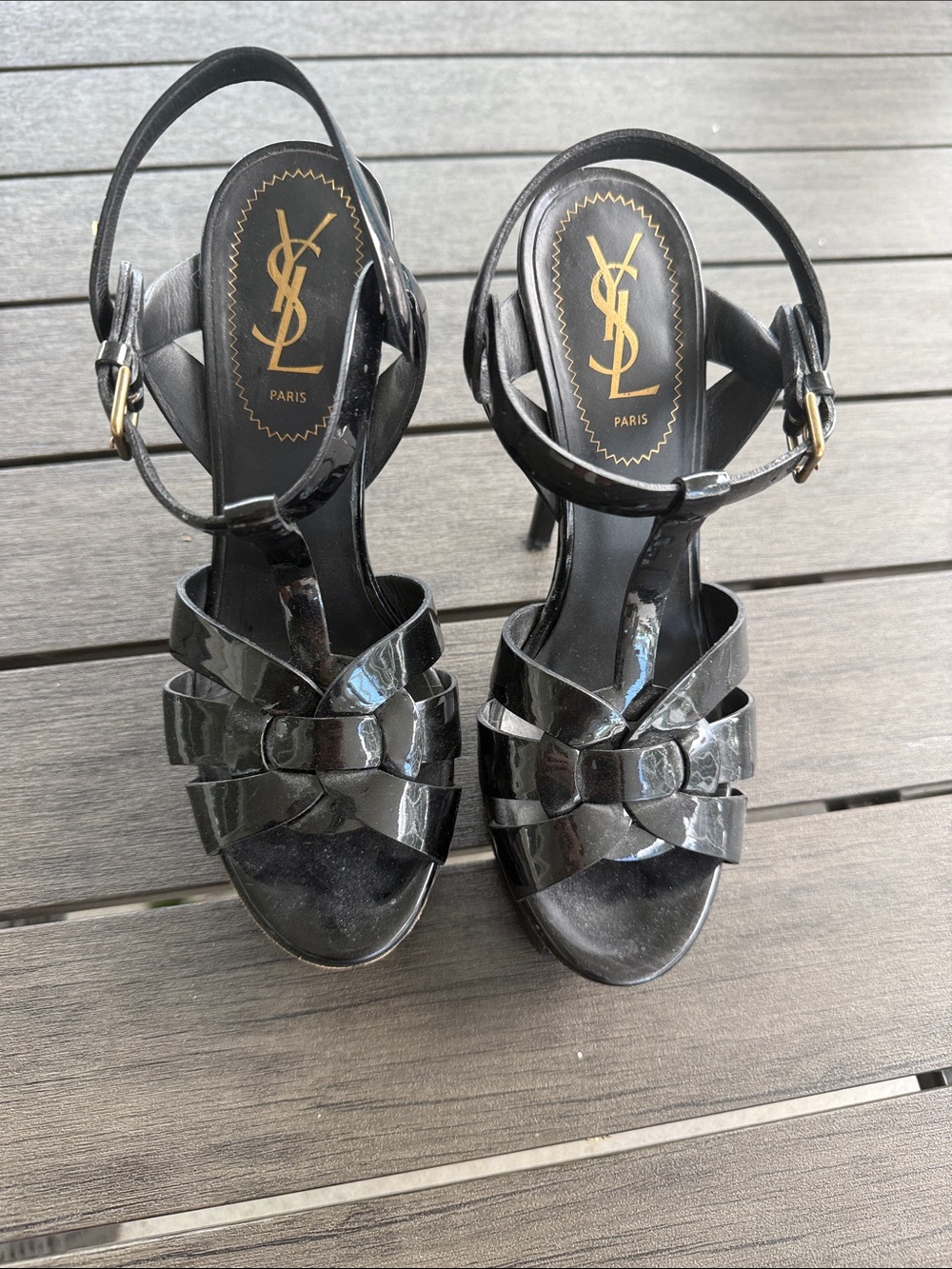 Yves Saint Laurent YSL Tribute Sandals Patent Leather black High Heels 37